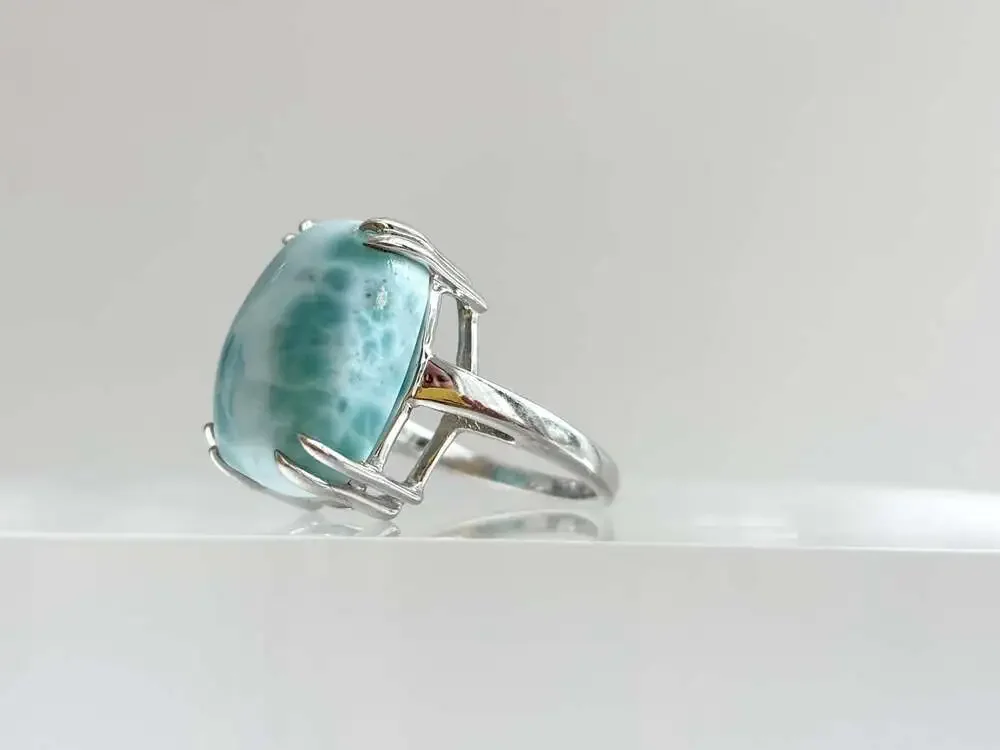 Larimar Solitaire Cabochon Gemstone Sterling Silver Claw Prong Set 925 Vintage R